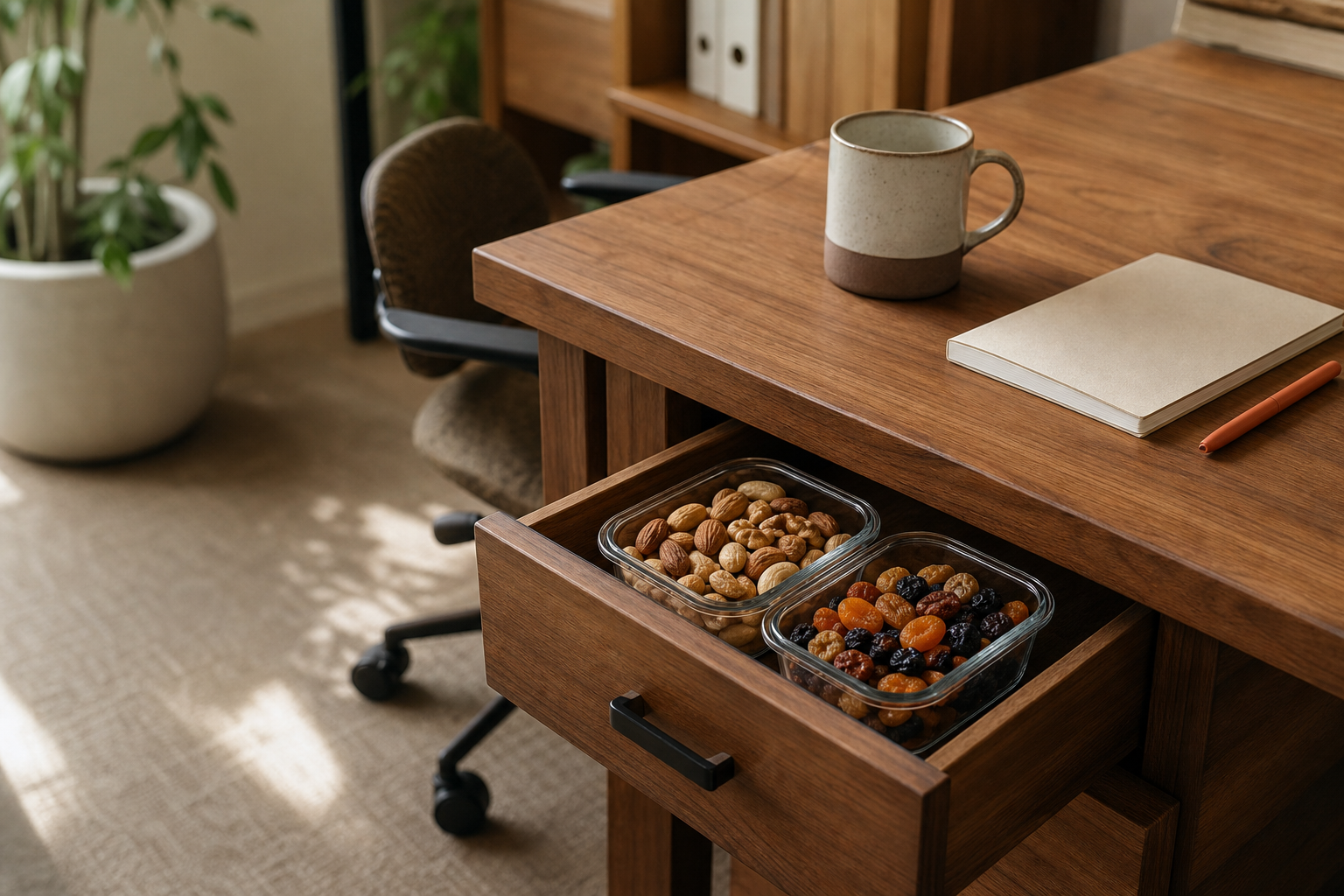 Gaveta de trabalho aberta com potes de castanhas e frutas secas, ao lado de café e caderno