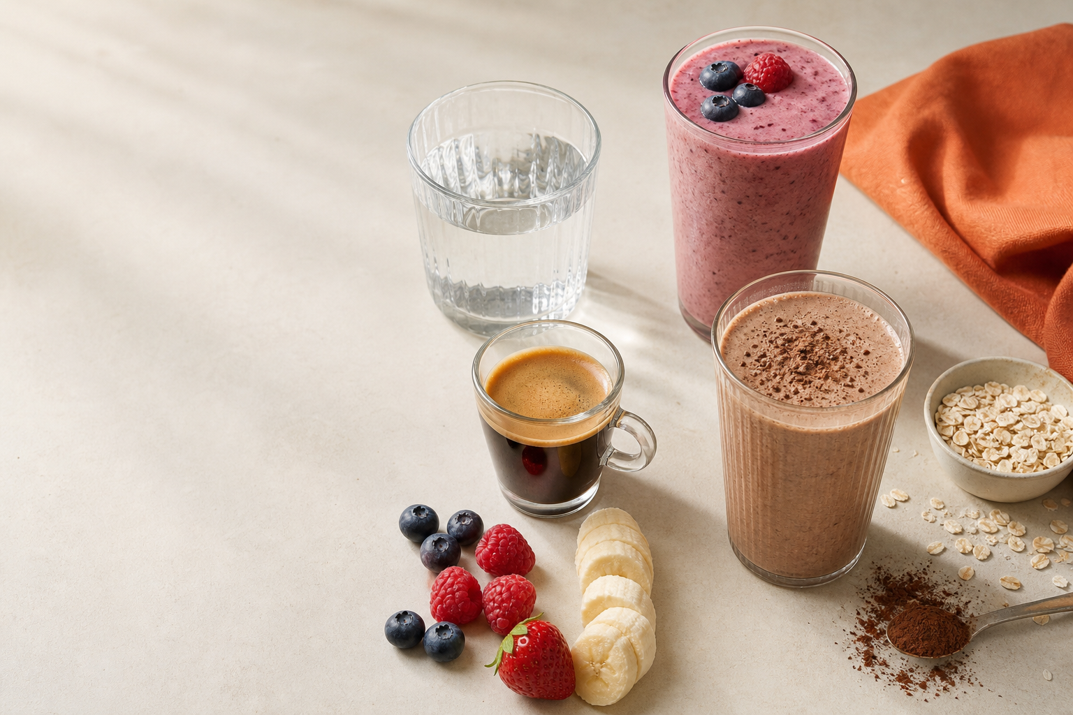 Água, café, vitamina de fruta e shake em quatro copos sobre mesa clara