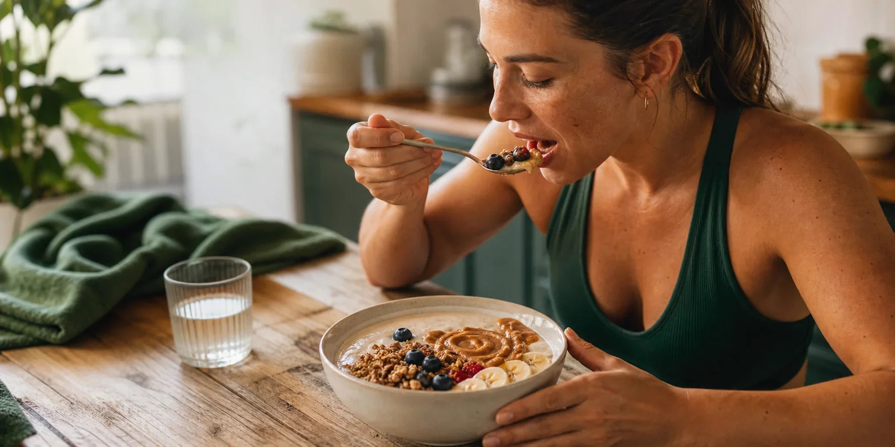 Pessoa com roupa esportiva comendo bowl proteico com granola.