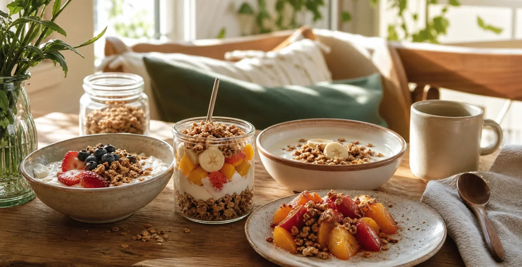 Sete combinações de café da manhã com granola dispostas sobre a mesa.