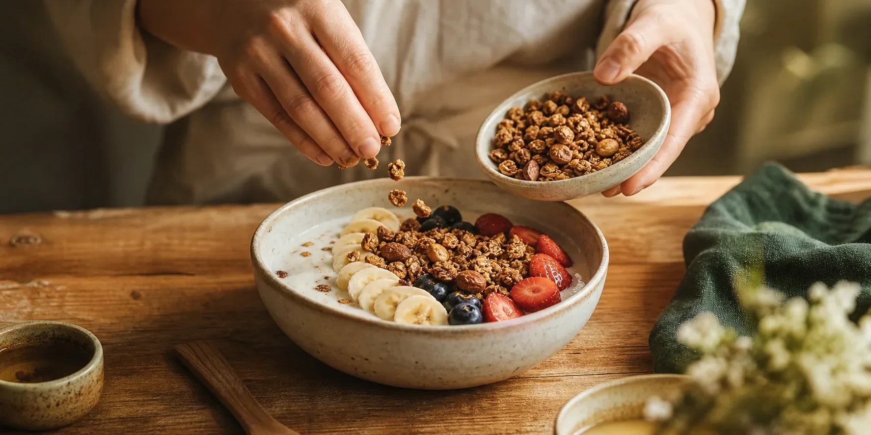 Pessoa adicionando granola a uma tigela com banana e morangos.