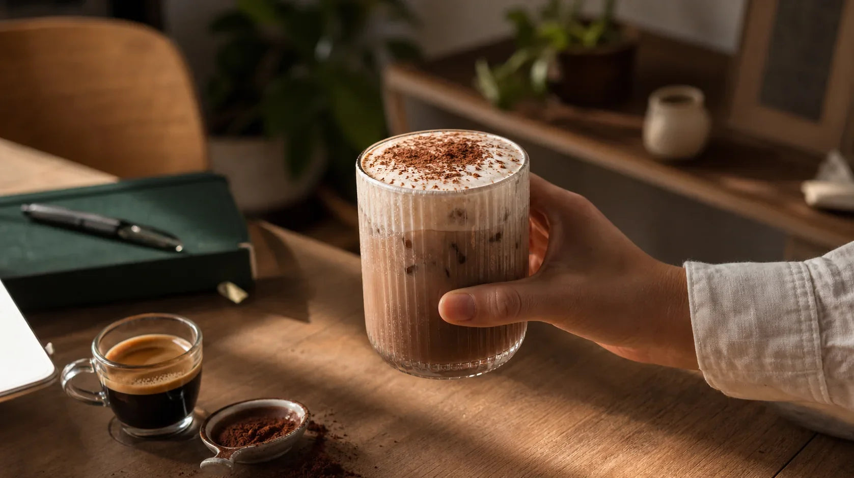 Shake gelado de café e cacau sobre mesa com xícara de espresso.