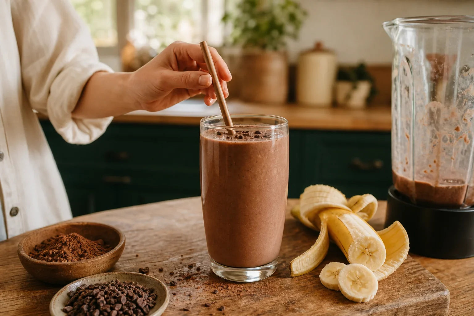 Shake de chocolate e banana sendo mexido ao lado do liquidificador.