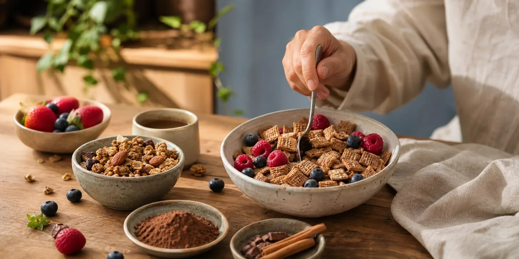 Pessoa finalizando uma tigela de iogurte, frutas, cacau e cereal crocante.