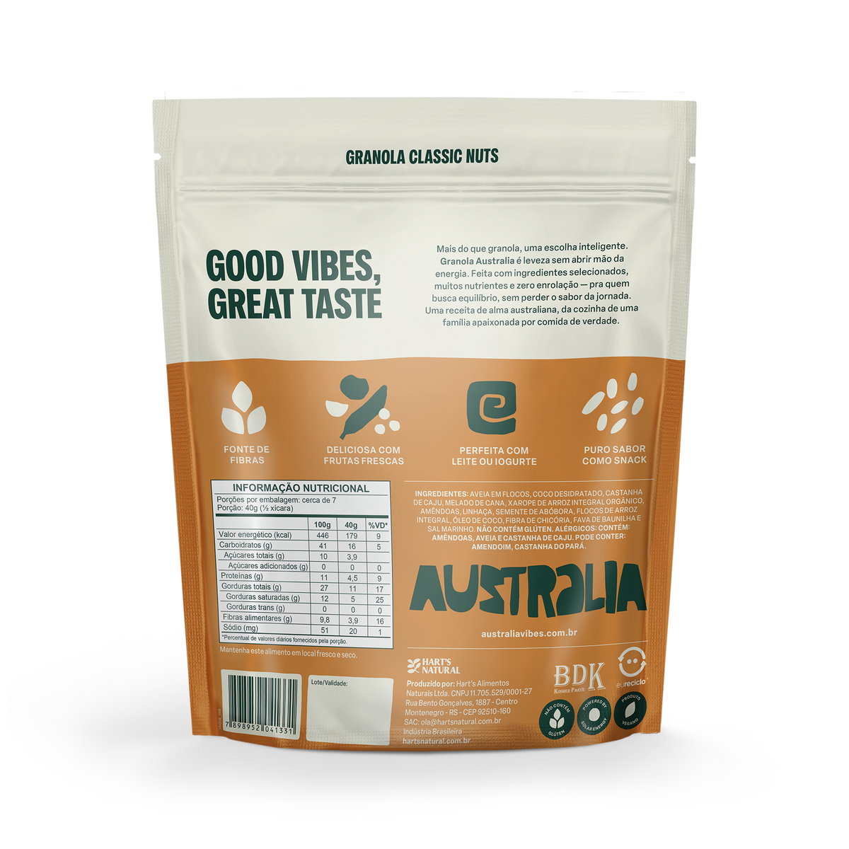 Rótulo de Australia Granola Classic Nuts com ingredientes e tabela nutricional.