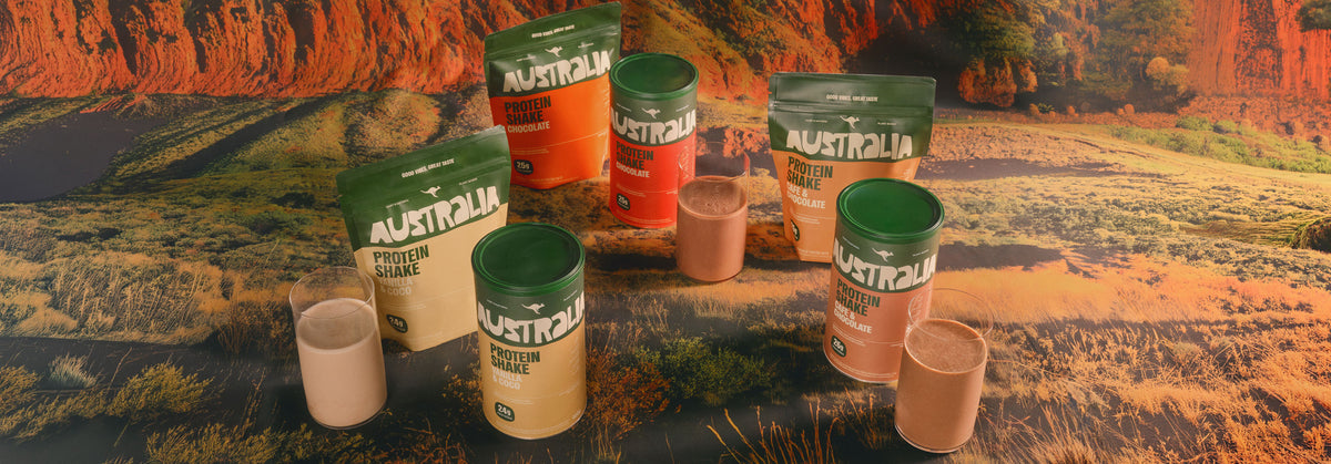 Família de Protein Shakes AUSTRALIA em composição editorial.