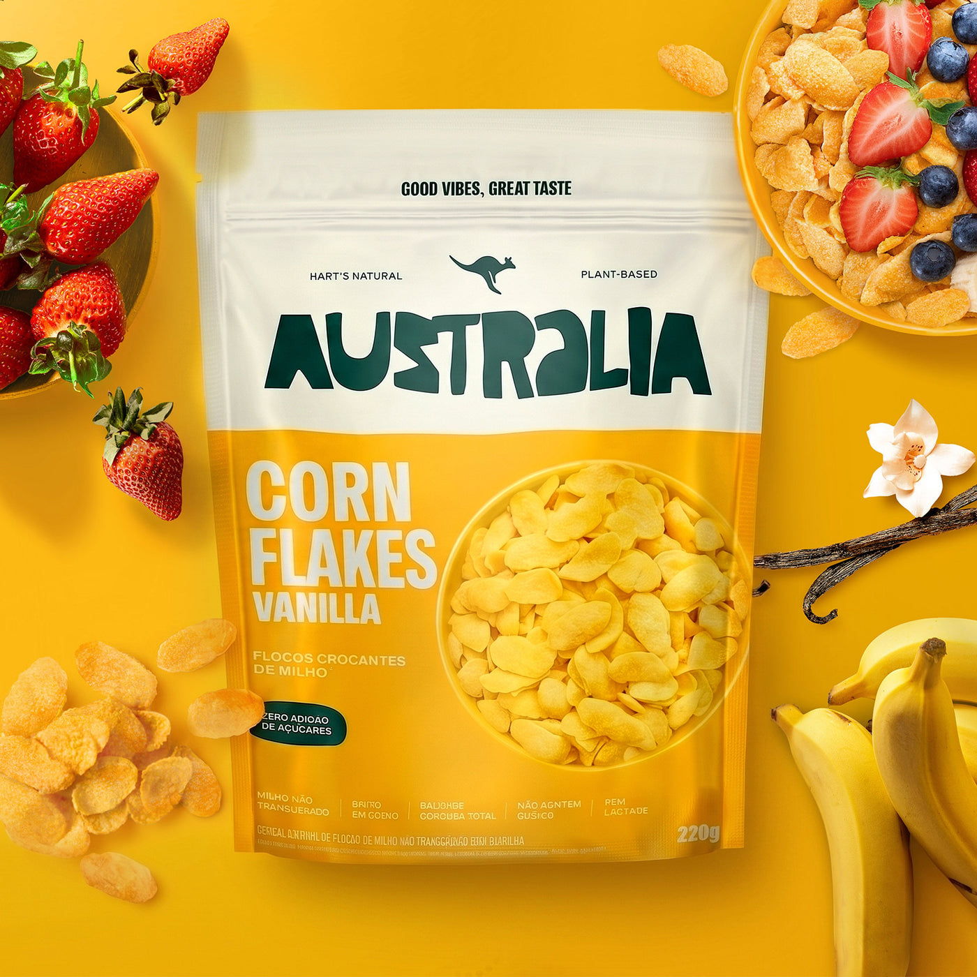 Embalagem do produto AUSTRALIA CornFlakes Vanilla em uma composição visual.