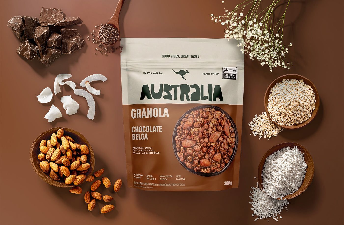 Embalagem do produto AUSTRALIA Granola Chocolate Belga em uma composição visual.