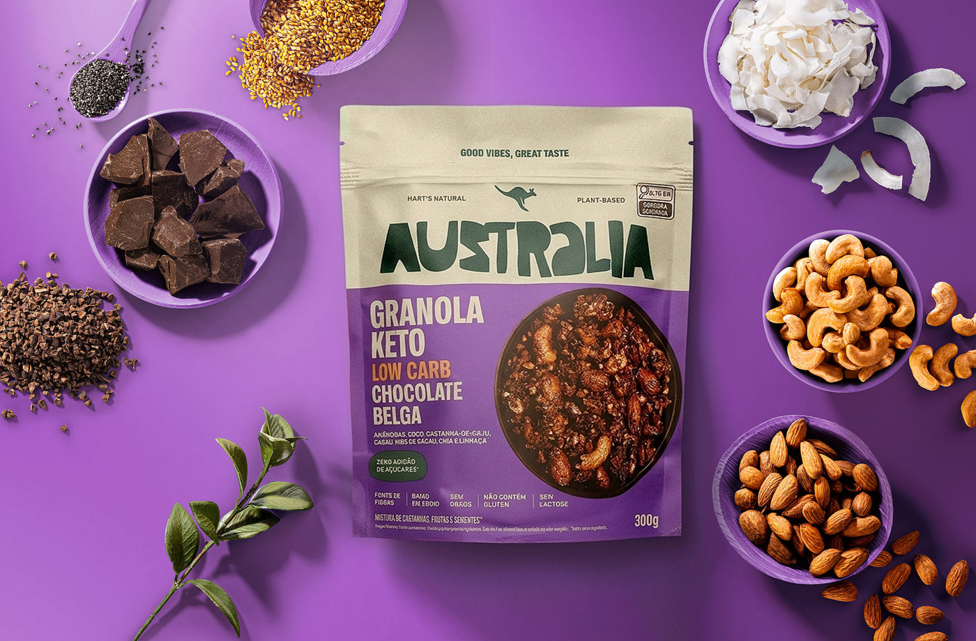 Embalagem do produto AUSTRALIA Granola Keto Chocolate Belga em uma composição visual.