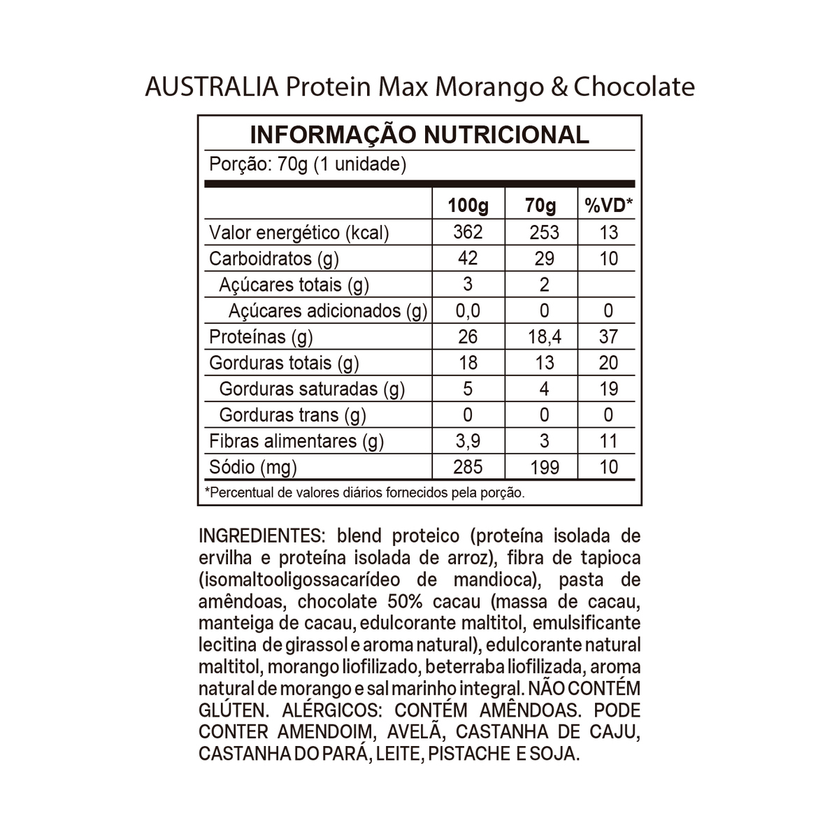 Blend proteico (proteína isolada de ervilha e proteína isolada de arroz), fibra de tapioca (isomalto-oligossacarídeo de mandioca), pasta de amêndoa, chocolate amargo 50% cacau zero adição de açúcar (massa de cacau, manteiga de cacau, edulcorante maltitol e emulsificante lecitina de girassol), edulcorante xarope de maltitol, morango liofilizado, beterraba em pó, aroma natural de morango e sal marinho. ALÉRGICOS: CONTÉM AMÊNDOA. PODE CONTER: AMENDOIM, AVEIA, AVELÃ, CASTANHA DE CAJU, CASTANHA-DO-PARÁ, LEITE, PISTACHE E SOJA. NÃO CONTÉM GLÚTEN.