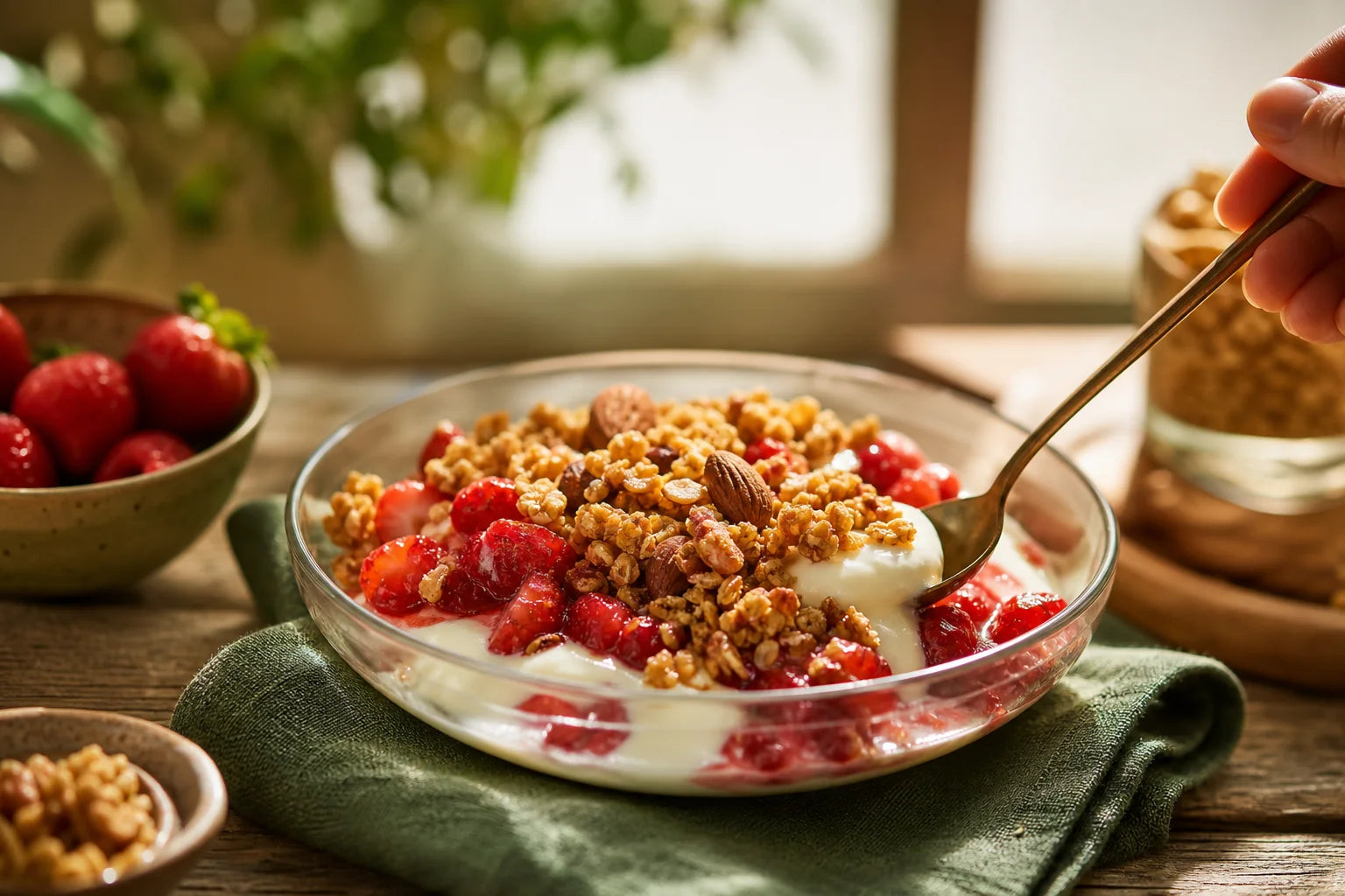 Tigela de iogurte com frutas vermelhas, granola e castanhas.
