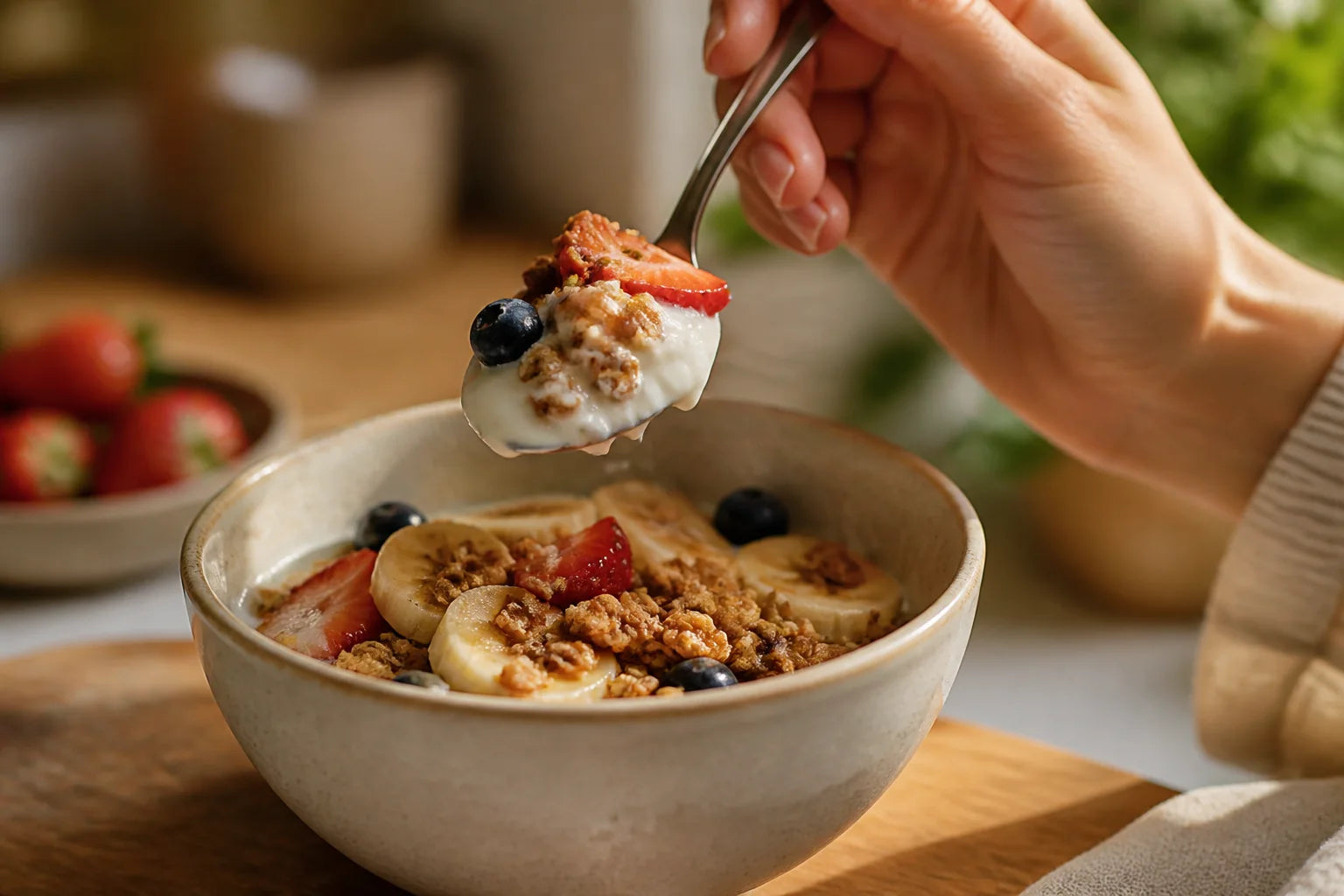 Colher com iogurte, frutas e granola sobre uma tigela de café da manhã.