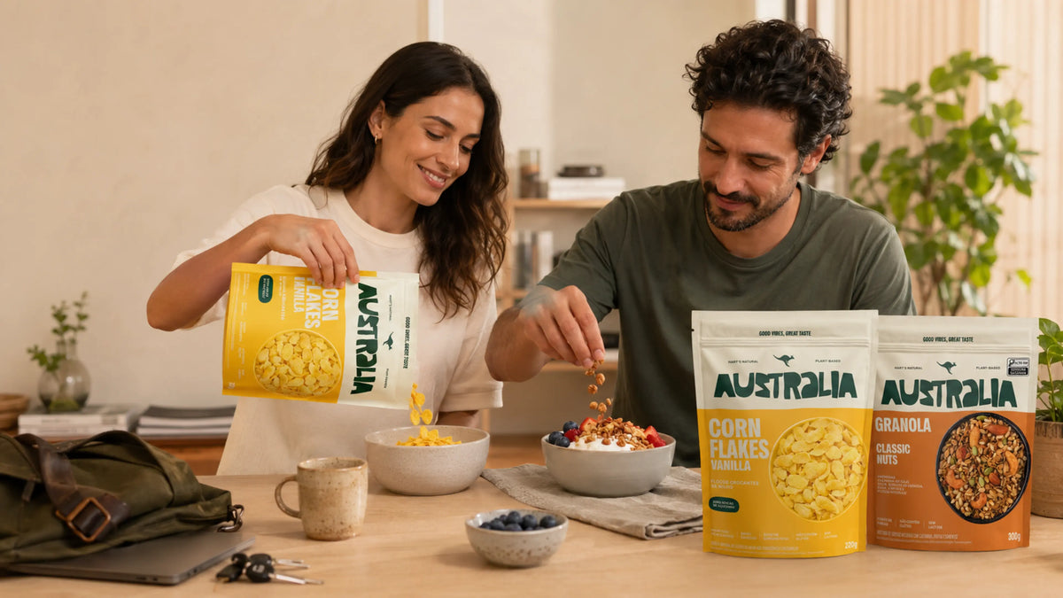 Casal preparando café da manhã com Corn Flakes Vanilla e Granola Classic Nuts AUSTRALIA.
