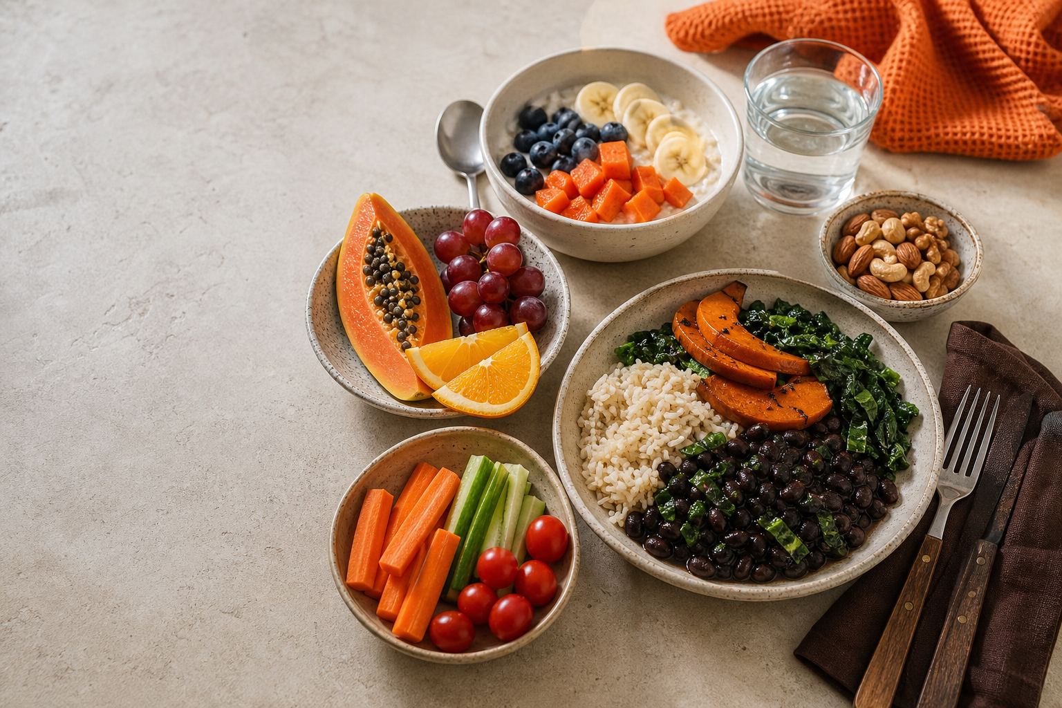 Refeições com frutas, aveia, legumes, arroz, feijão e castanhas sobre uma mesa clara