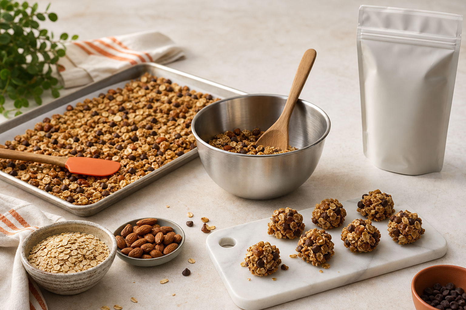 Granola em etapas de mistura, assadeira e embalagem sem marca sobre bancada clara