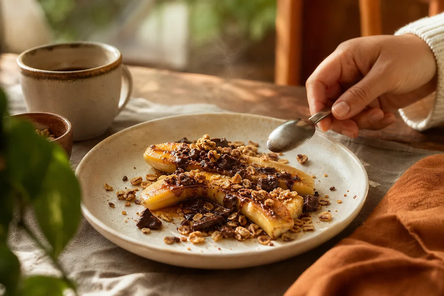 Banana quente com granola e chocolate: sobremesa com cheiro de casa