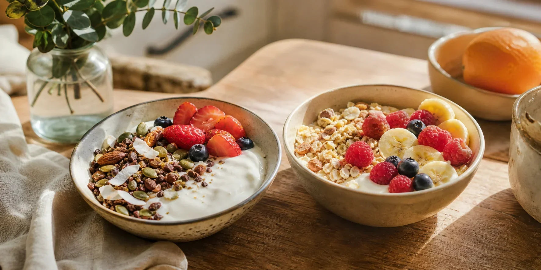 Duas tigelas de granola com frutas sobre uma mesa de madeira.