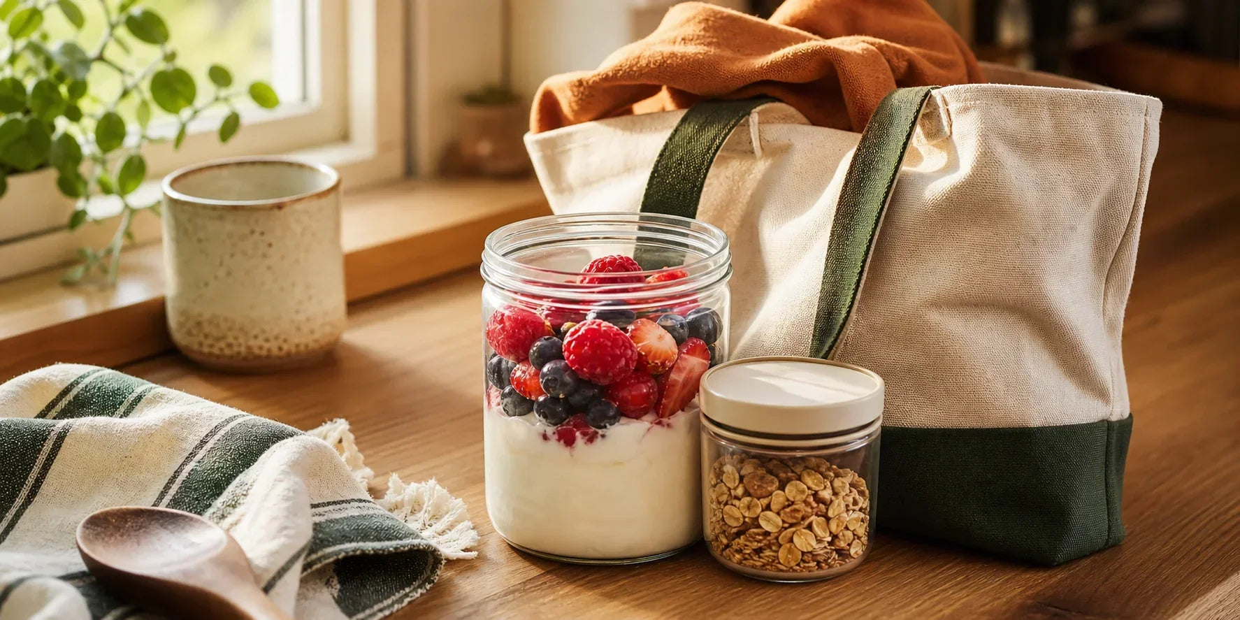 Pote de iogurte com frutas e granola separada ao lado de uma bolsa térmica.