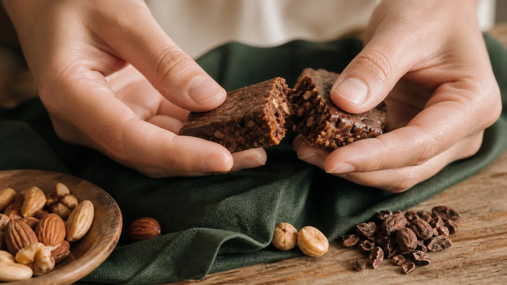 Mãos abrindo snack de cacau e castanhas sobre tecido verde.