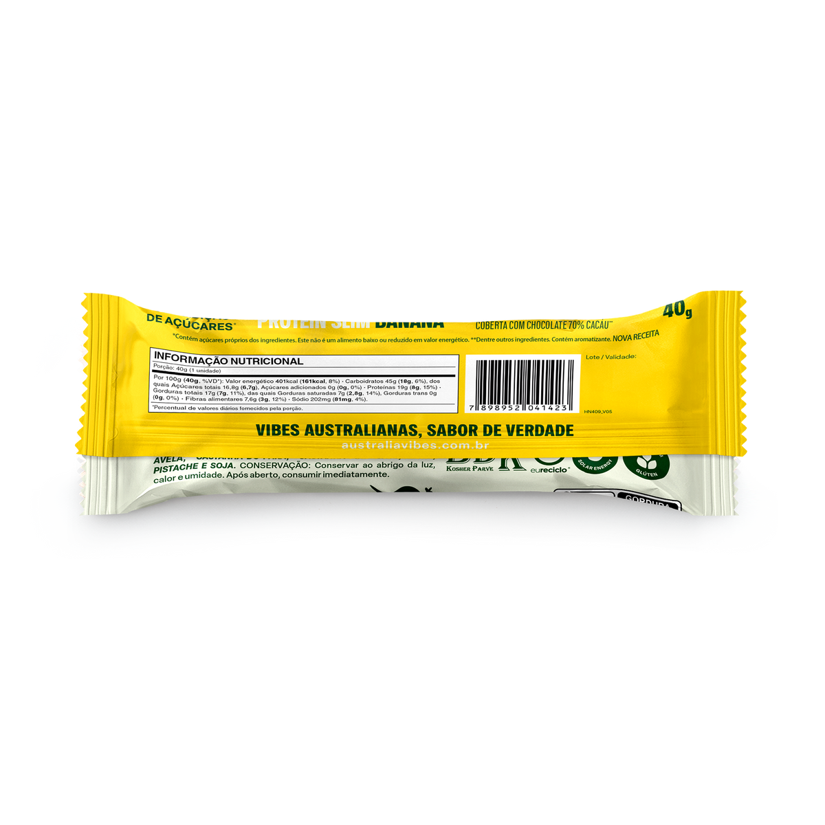 Verso da embalagem da barra Protein Slim Banana, com a tabela nutricional.