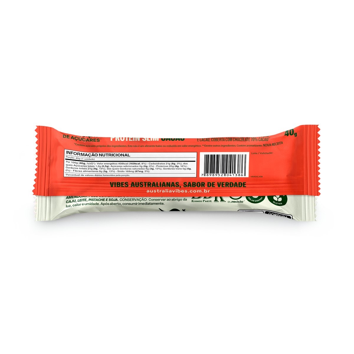 Verso da embalagem da barra Protein Slim Cacau, com a tabela nutricional.
