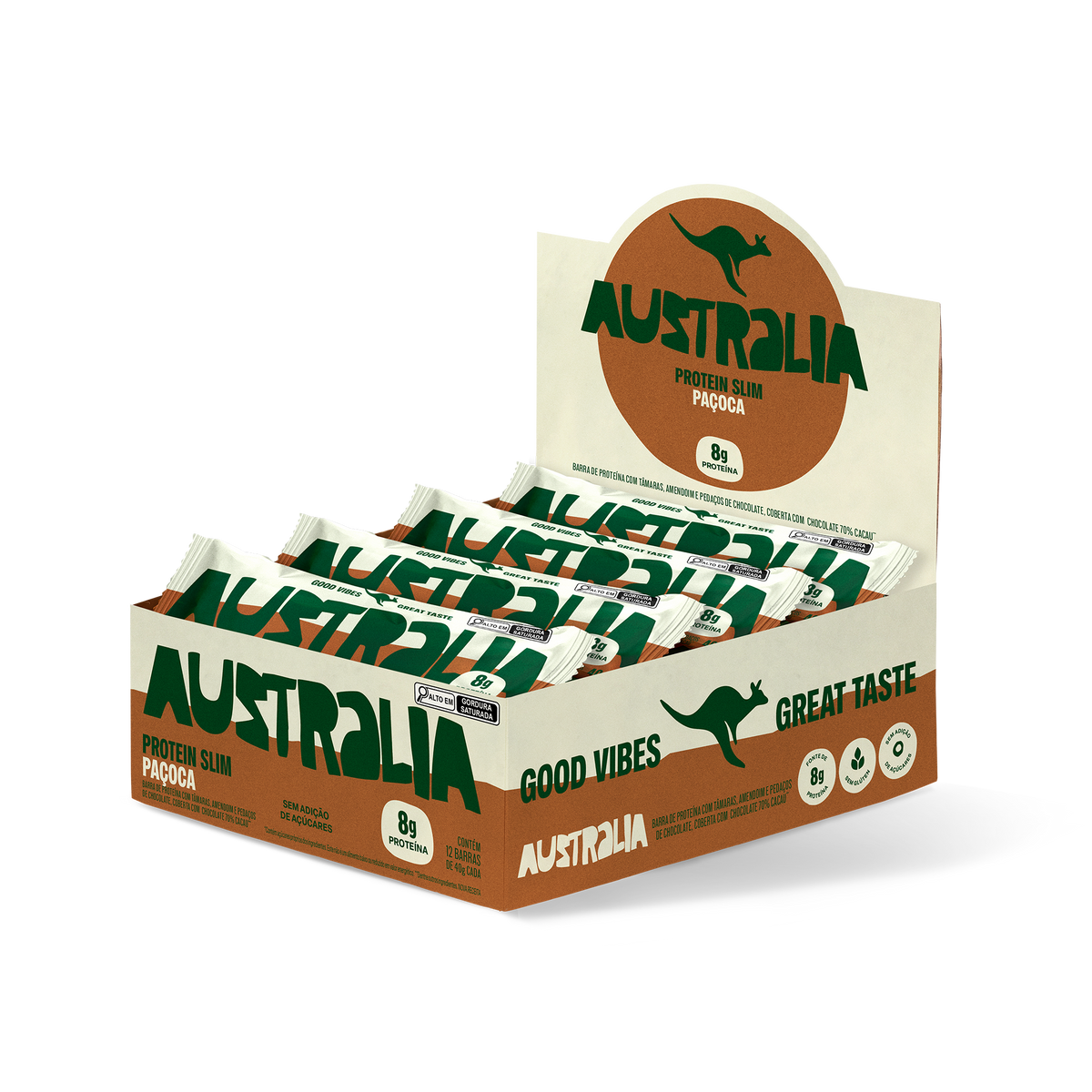 Caixa expositora aberta com barras Protein Slim Paçoca.