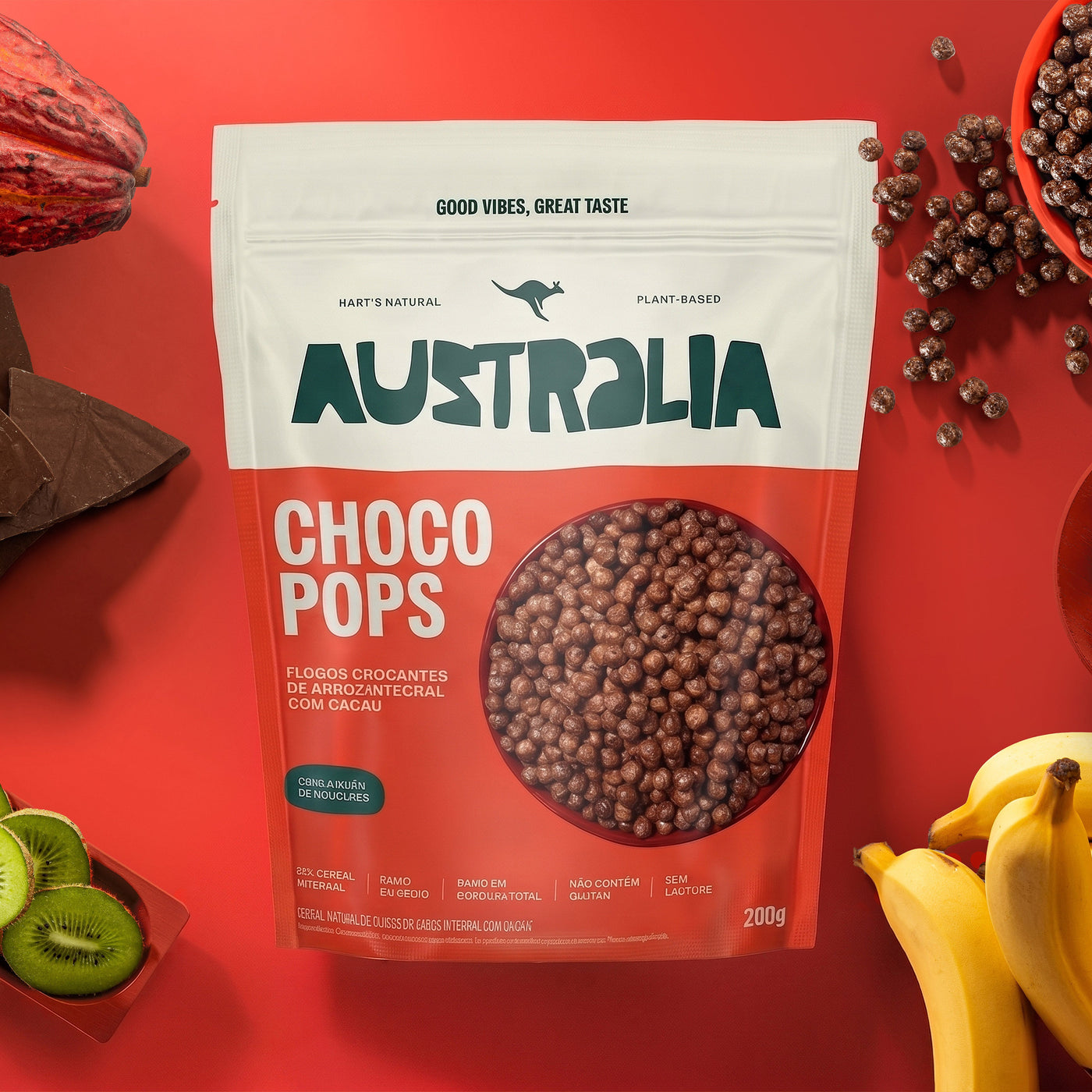 Embalagem do produto AUSTRALIA ChocoPops em uma composição visual.