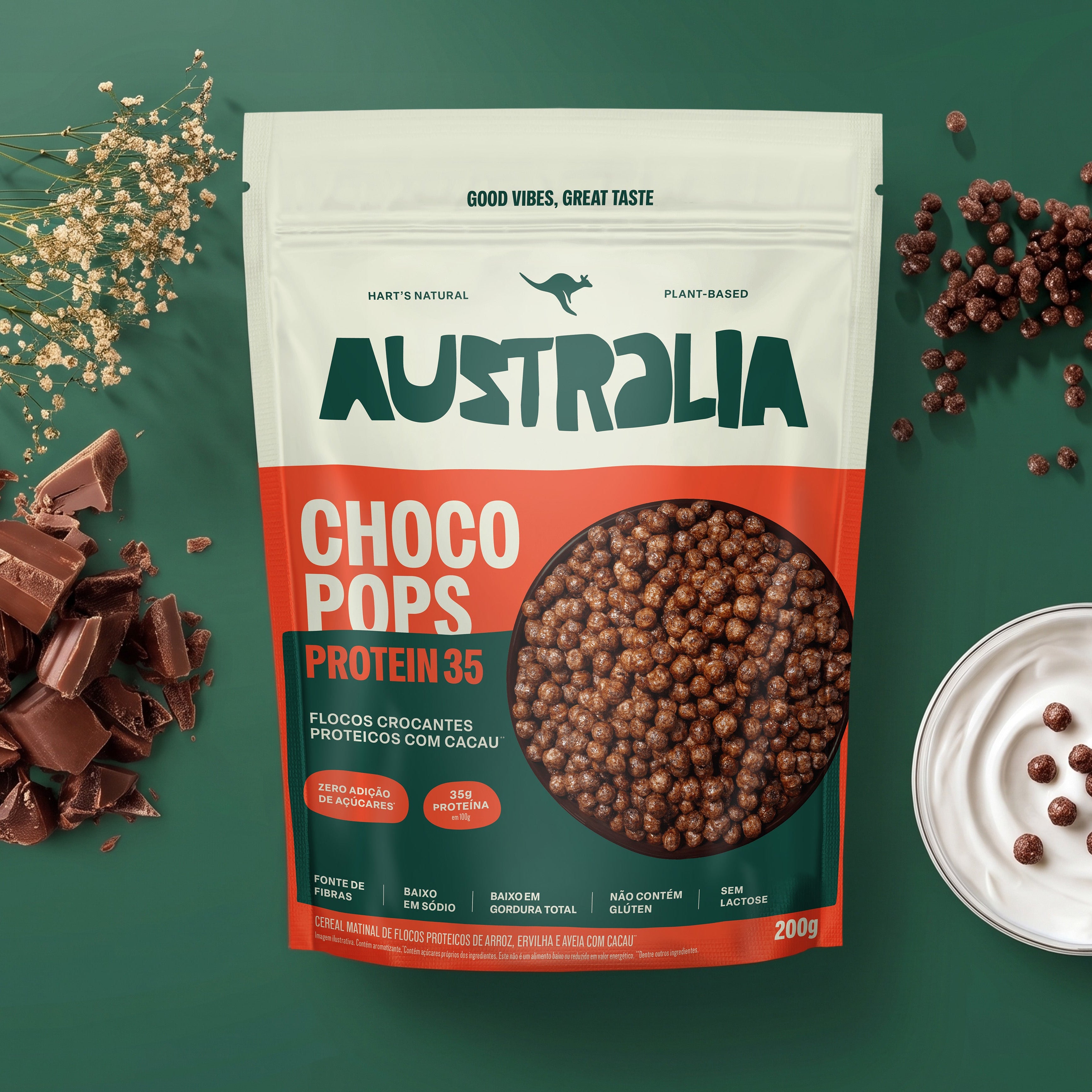 Embalagem do produto AUSTRALIA ChocoPops Protein 35 em uma composição visual.