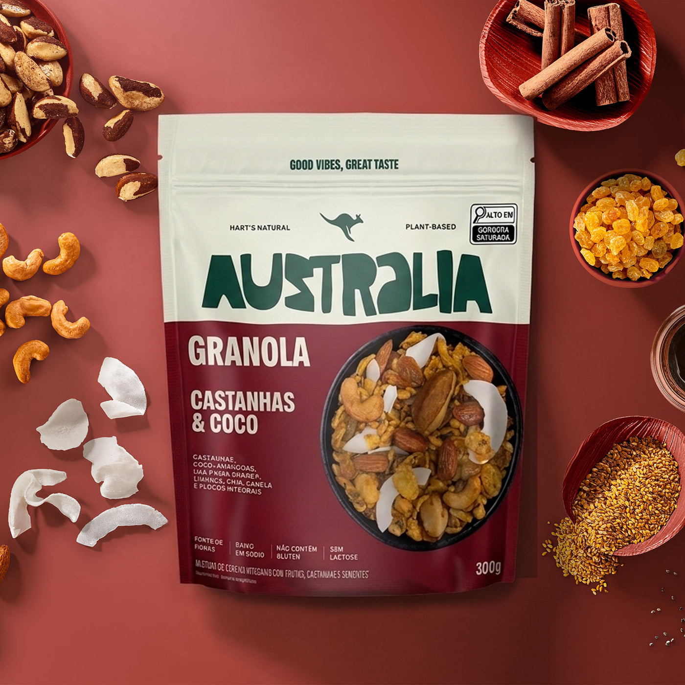 Embalagem do produto AUSTRALIA Granola Castanhas & Coco em uma composição visual.