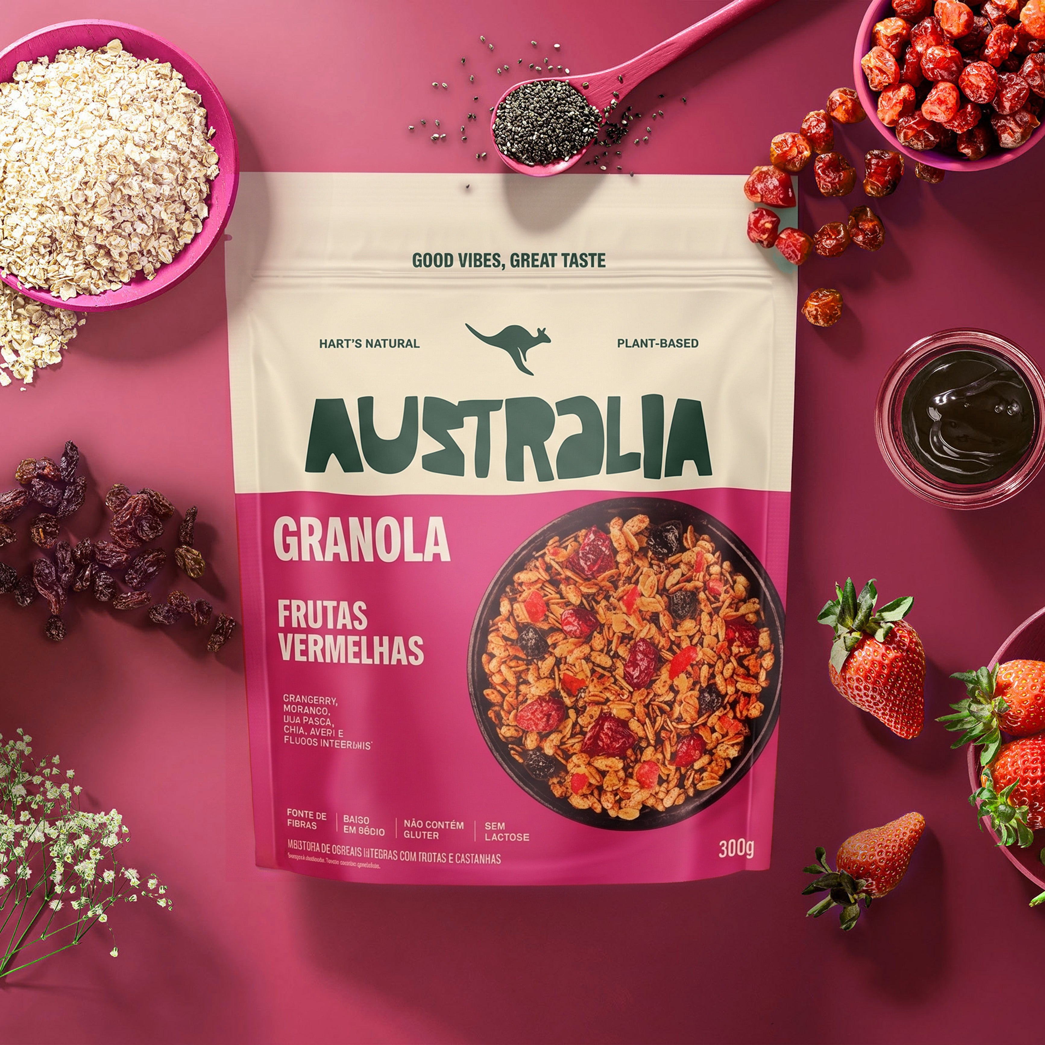 Embalagem do produto AUSTRALIA Granola Frutas Vermelhas em uma composição visual.