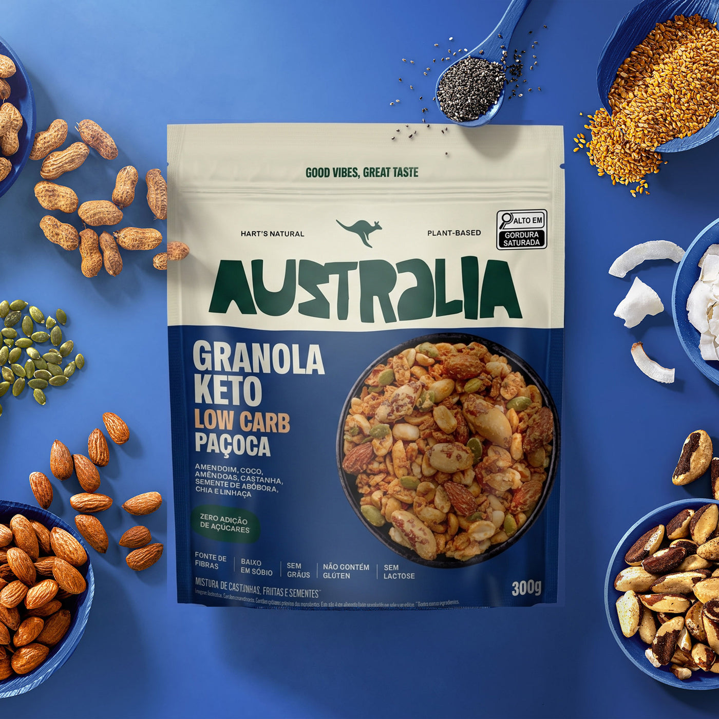 Embalagem do produto AUSTRALIA Granola Keto Paçoca em uma composição visual.
