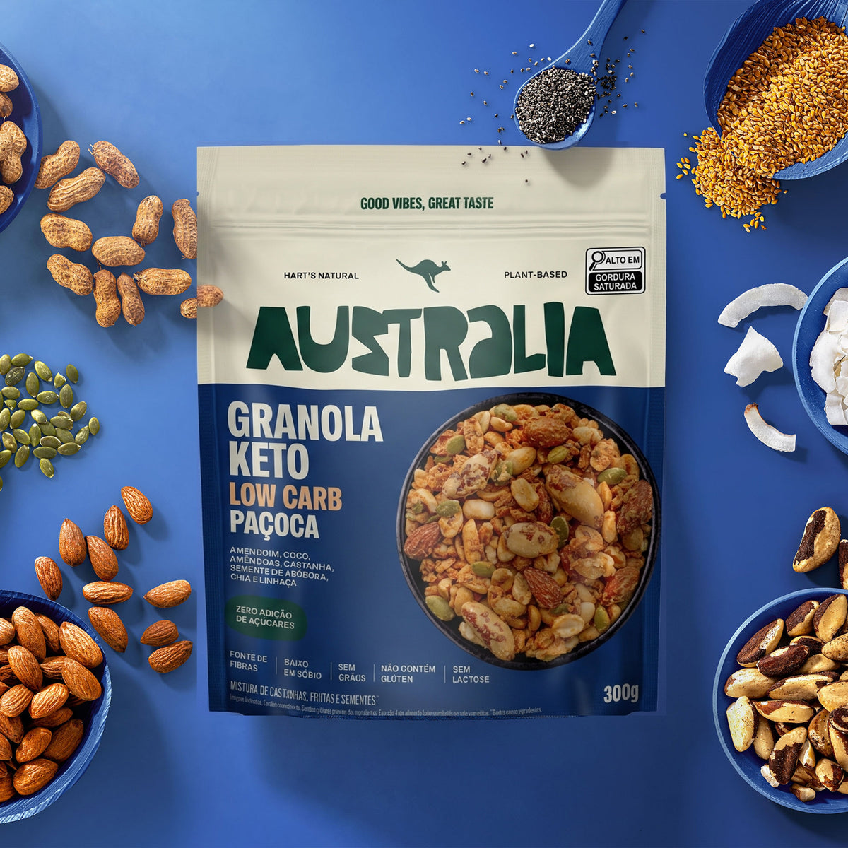 Embalagem do produto AUSTRALIA Granola Keto Paçoca em uma composição visual.
