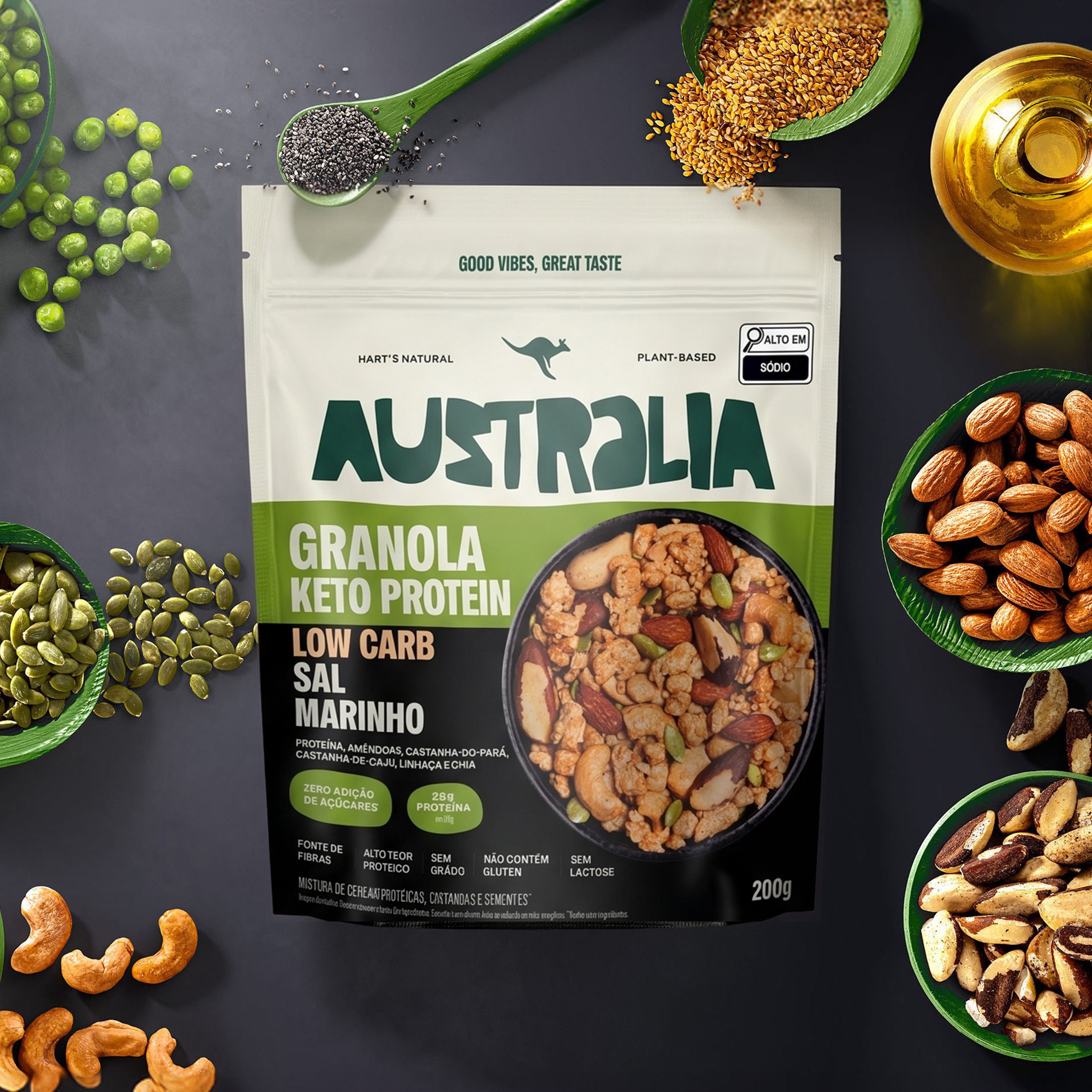 Embalagem do produto AUSTRALIA Granola Keto Protein Sal Marinho em uma composição visual.