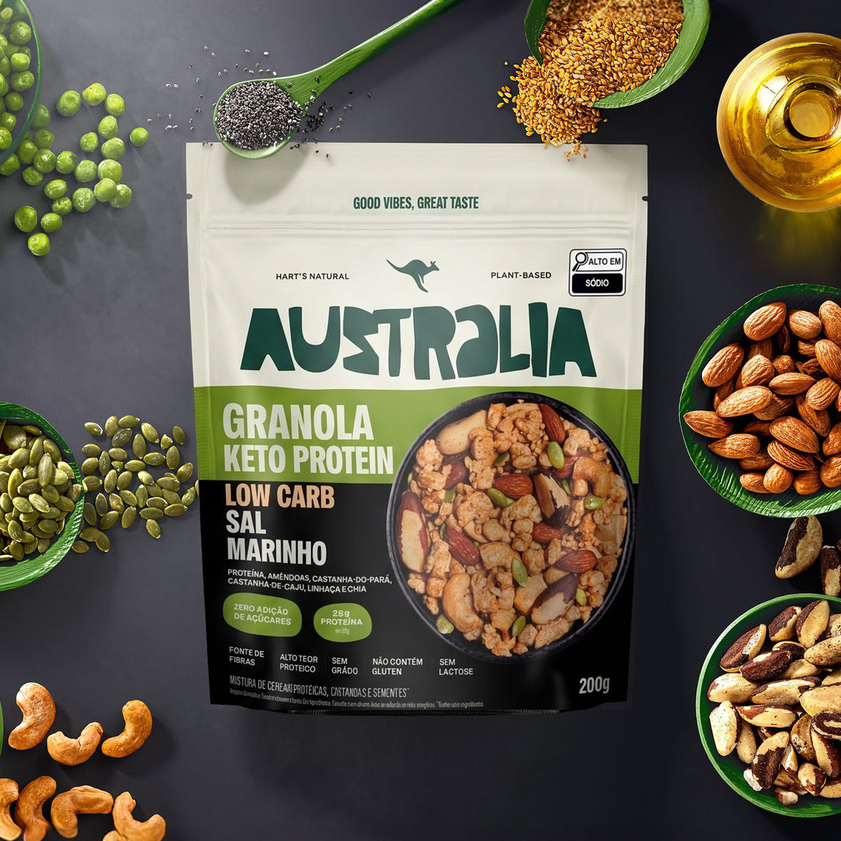 Embalagem do produto AUSTRALIA Granola Keto Protein Sal Marinho em uma composição visual.