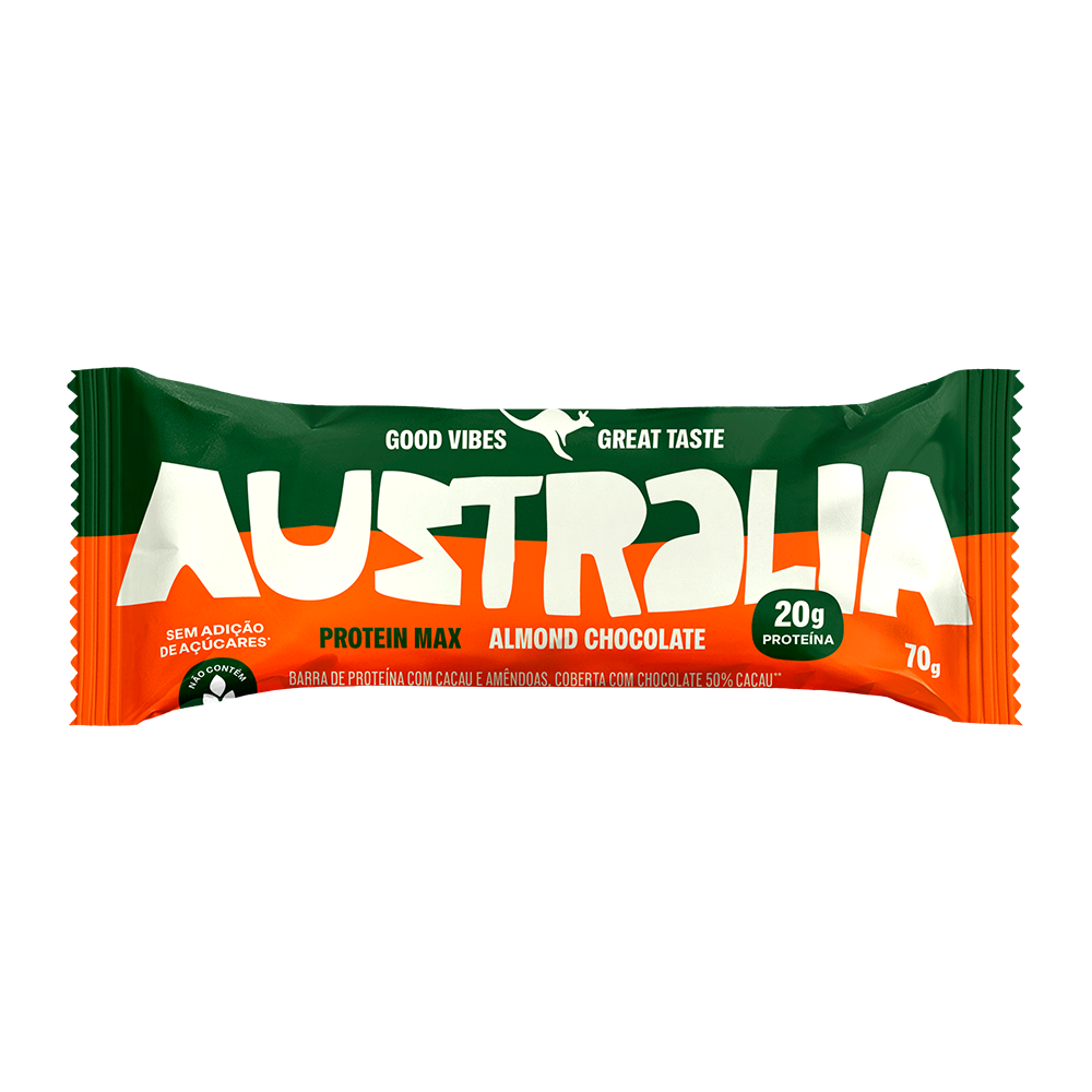 Embalagem do produto AUSTRALIA Protein Max Amêndoa & Chocolate.