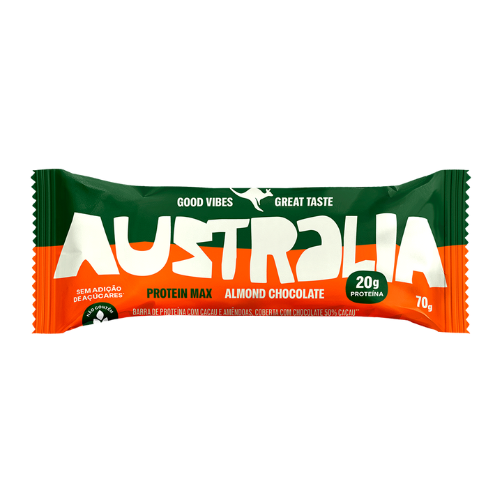 Barra Protein Max Amêndoa & Chocolate na embalagem verde e laranja, vista de frente.