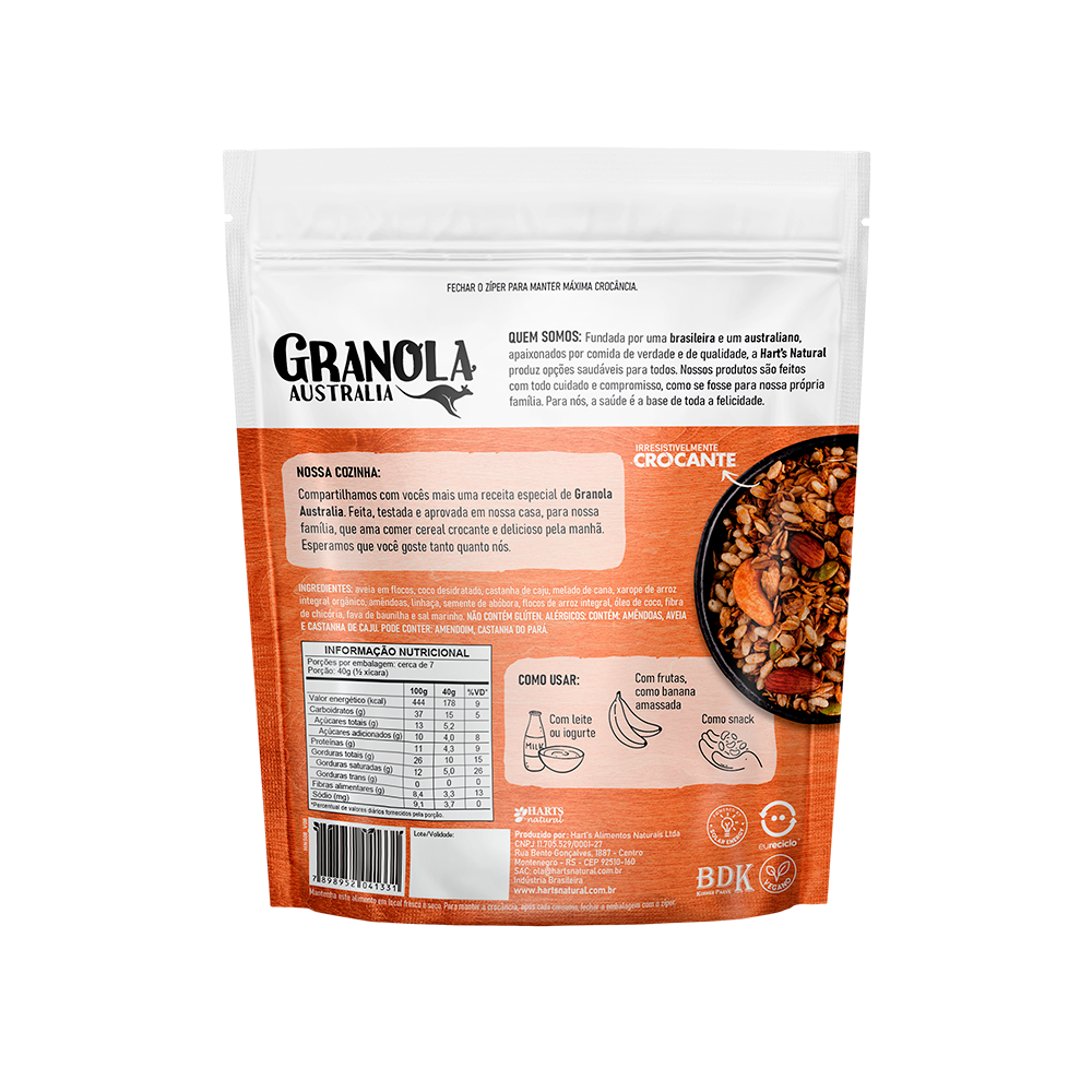 Verso da embalagem Granola Classic Nuts AUSTRALIA com rótulo e ingredientes.