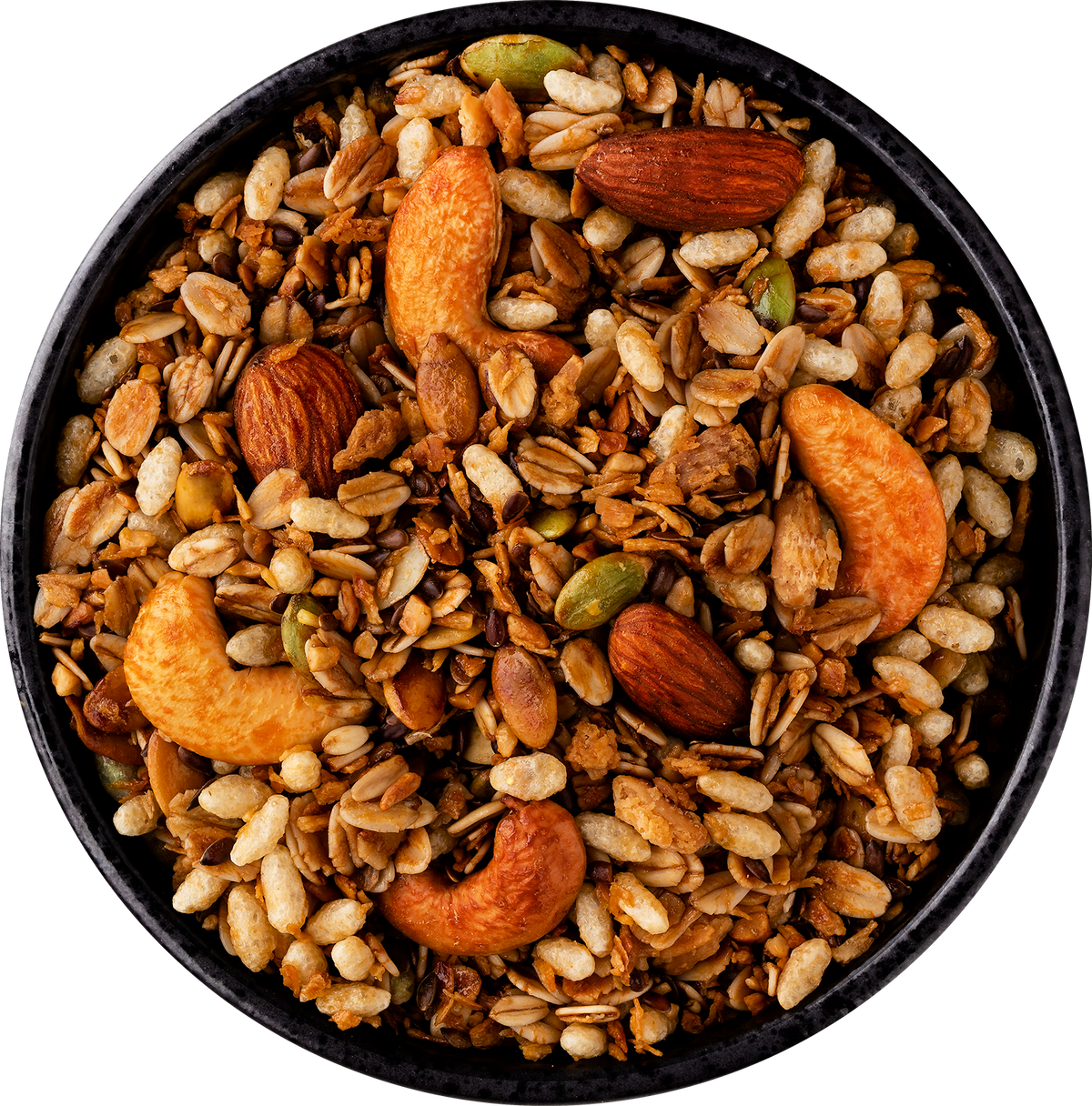 Tigela de Granola Classic Nuts com castanhas, sementes e flocos visíveis.