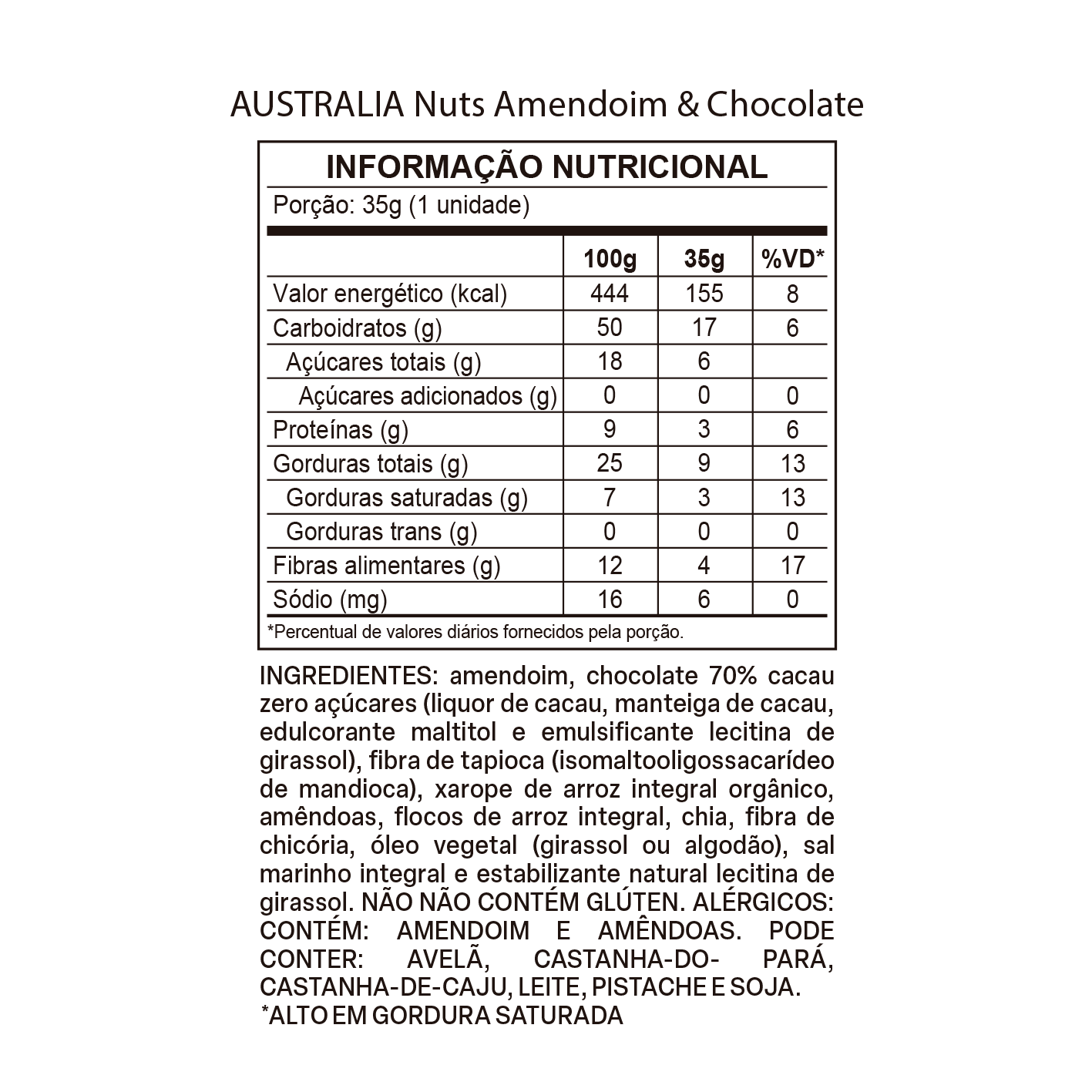 Imagem do rótulo nutricional para conferência — Australia Nuts Amendoim & Chocolate