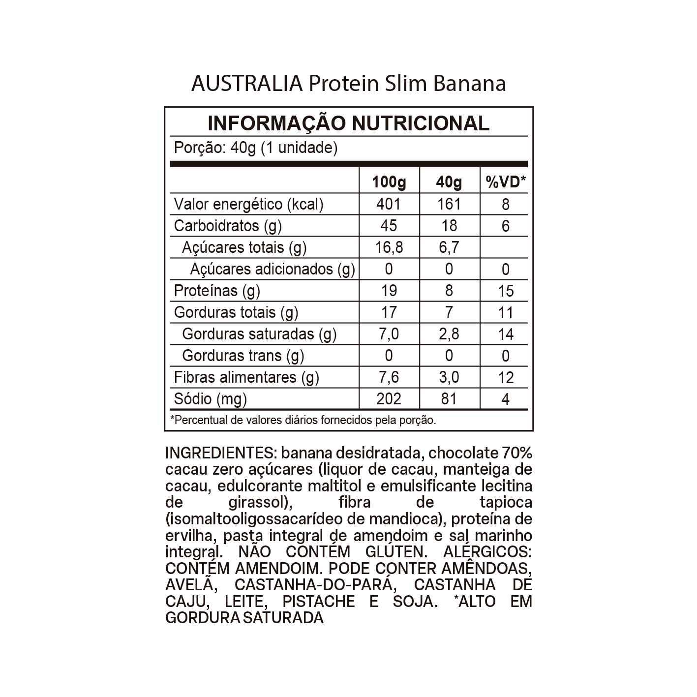 Imagem do rótulo nutricional para conferência — Australia Protein Slim Banana