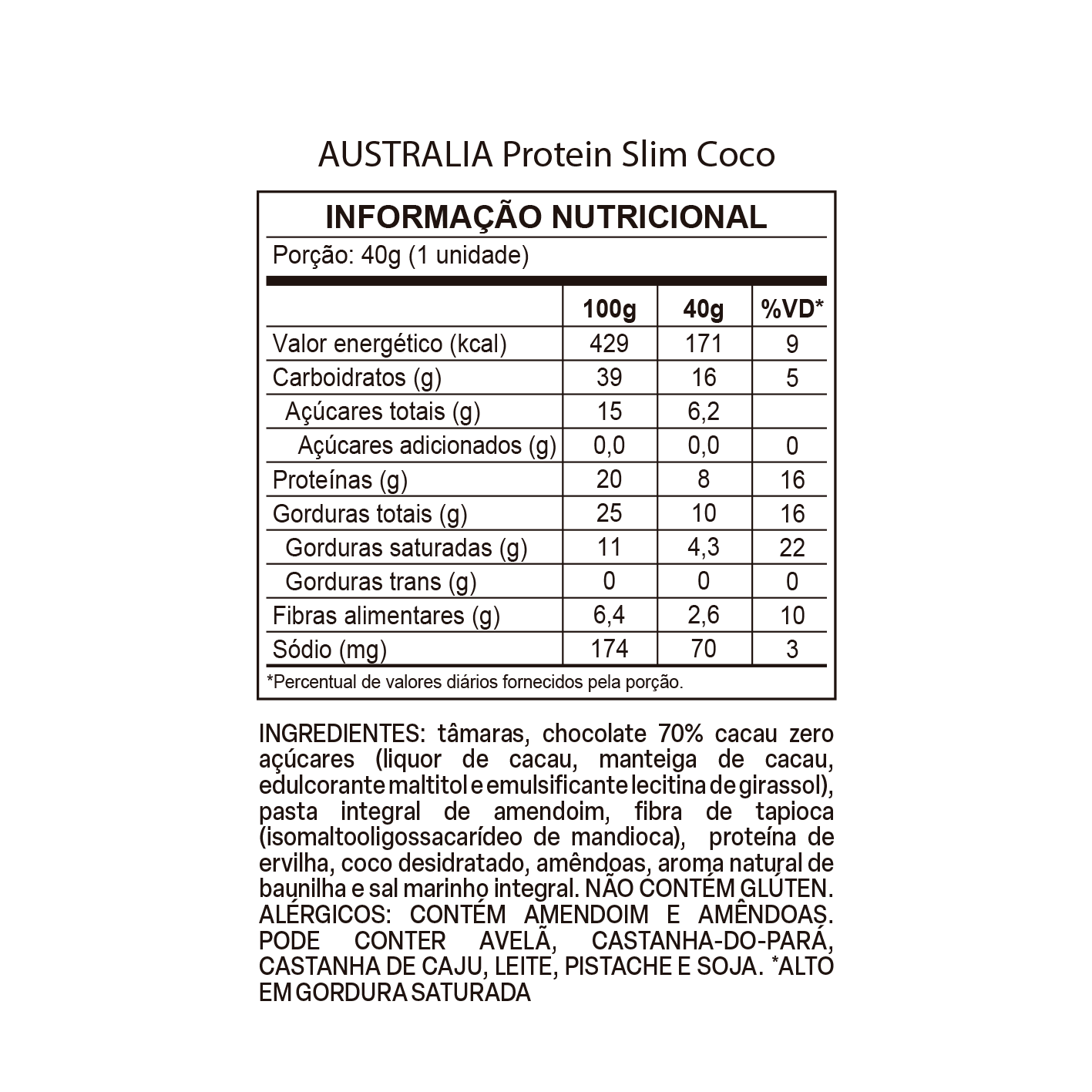 Imagem do rótulo nutricional para conferência — Australia Protein Slim Coco