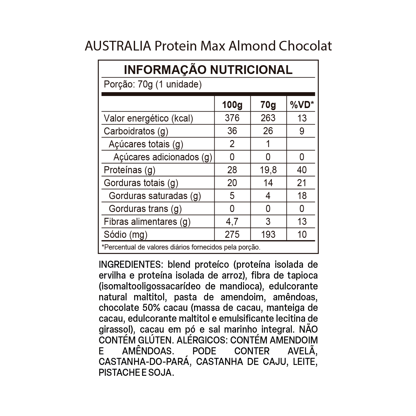 Imagem do rótulo nutricional para conferência — Australia Protein Max Amêndoa & Chocolate