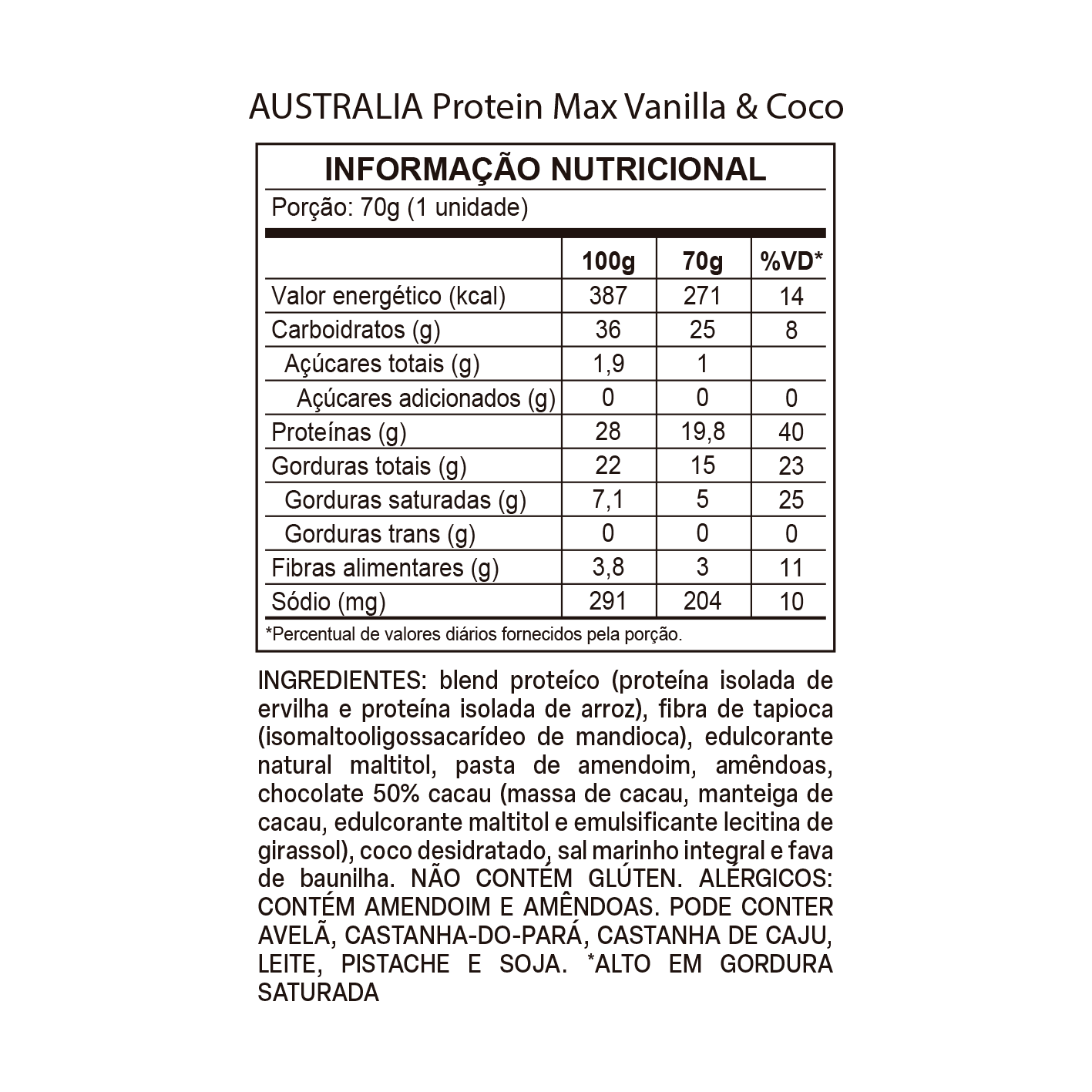 Imagem do rótulo nutricional para conferência — Australia Protein Max Baunilha & Coco