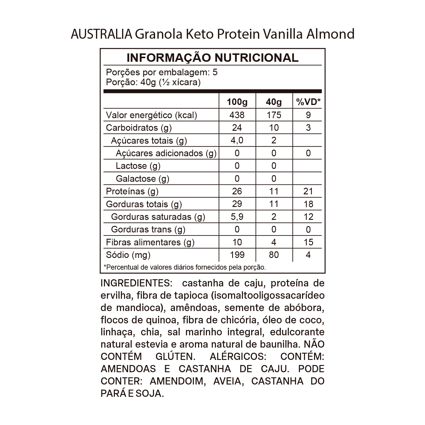 Imagem do rótulo nutricional para conferência — Australia Granola Keto Protein Baunilha & Amêndoas