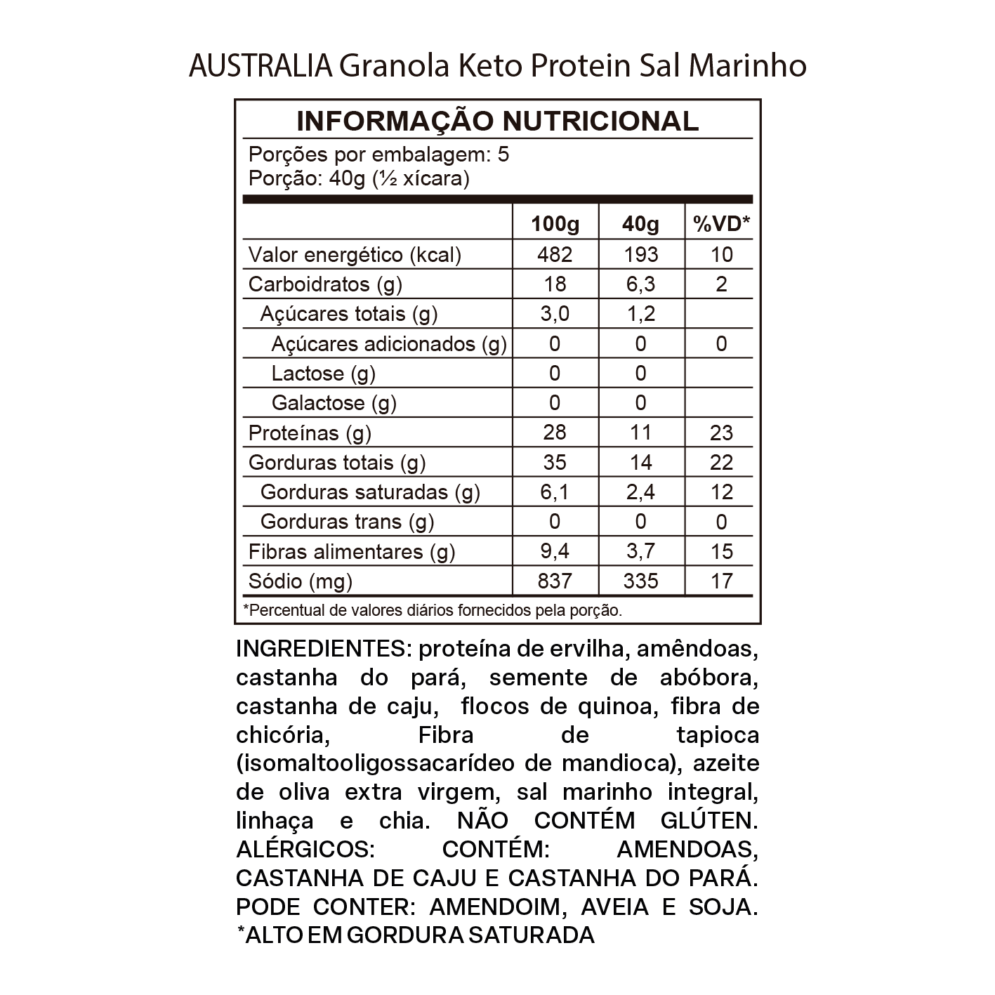 Imagem do rótulo nutricional para conferência — Australia Granola Keto Protein Sal Marinho