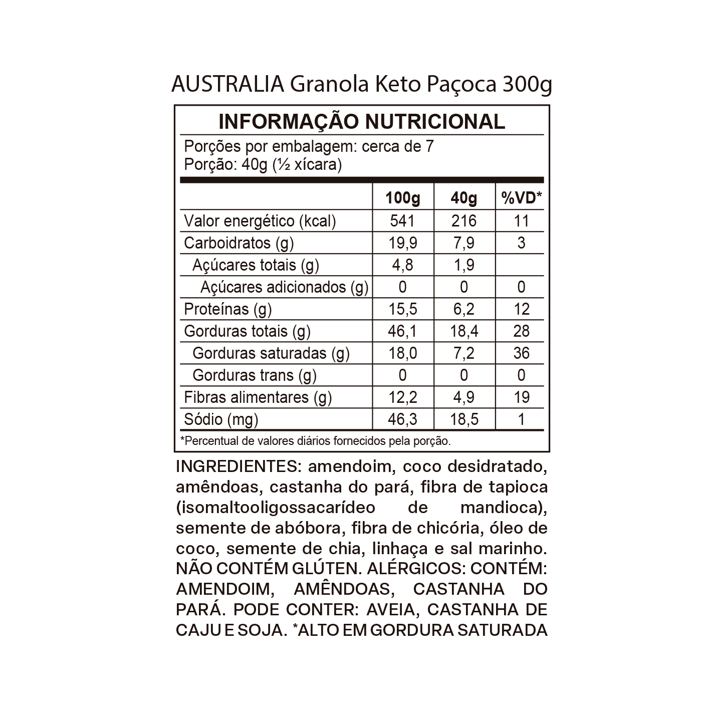 Imagem do rótulo nutricional para conferência — Australia Granola Keto Paçoca