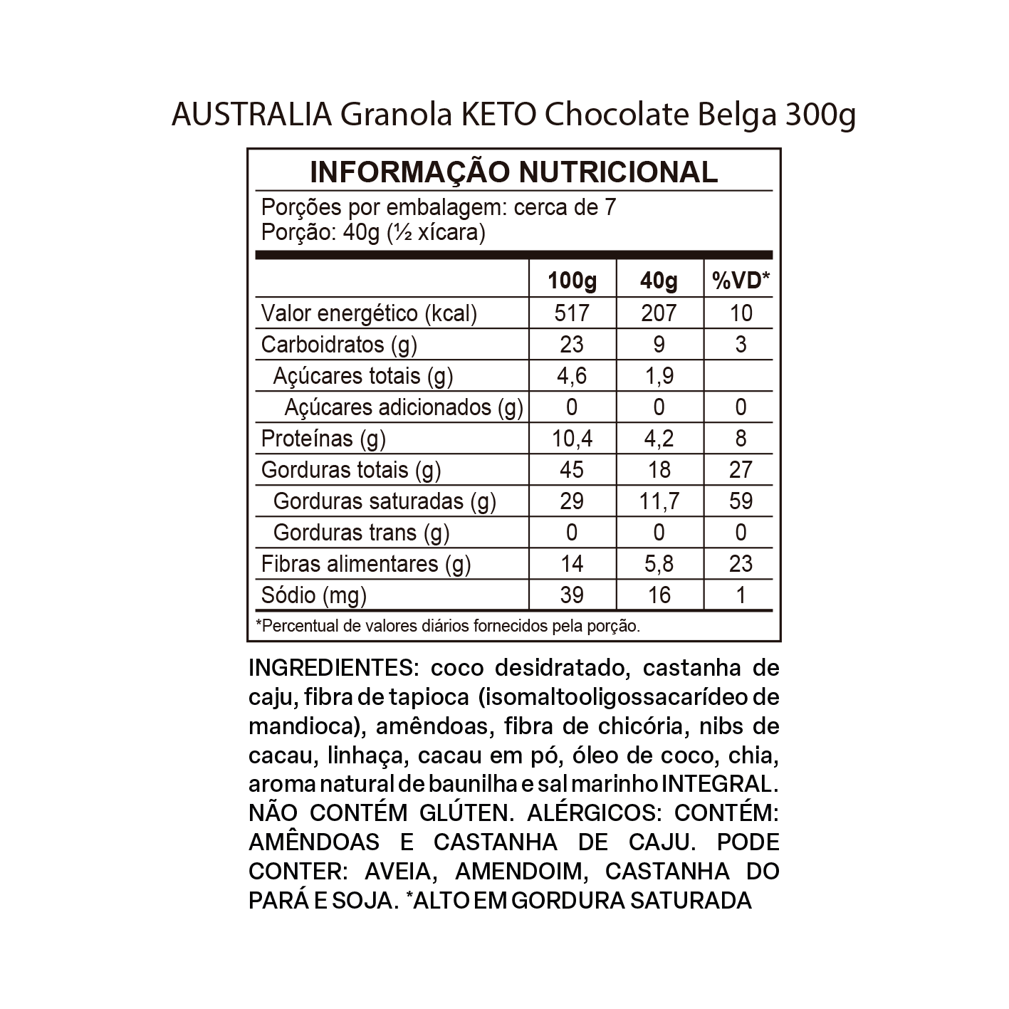 Imagem do rótulo nutricional para conferência — Australia Granola Keto Chocolate Belga