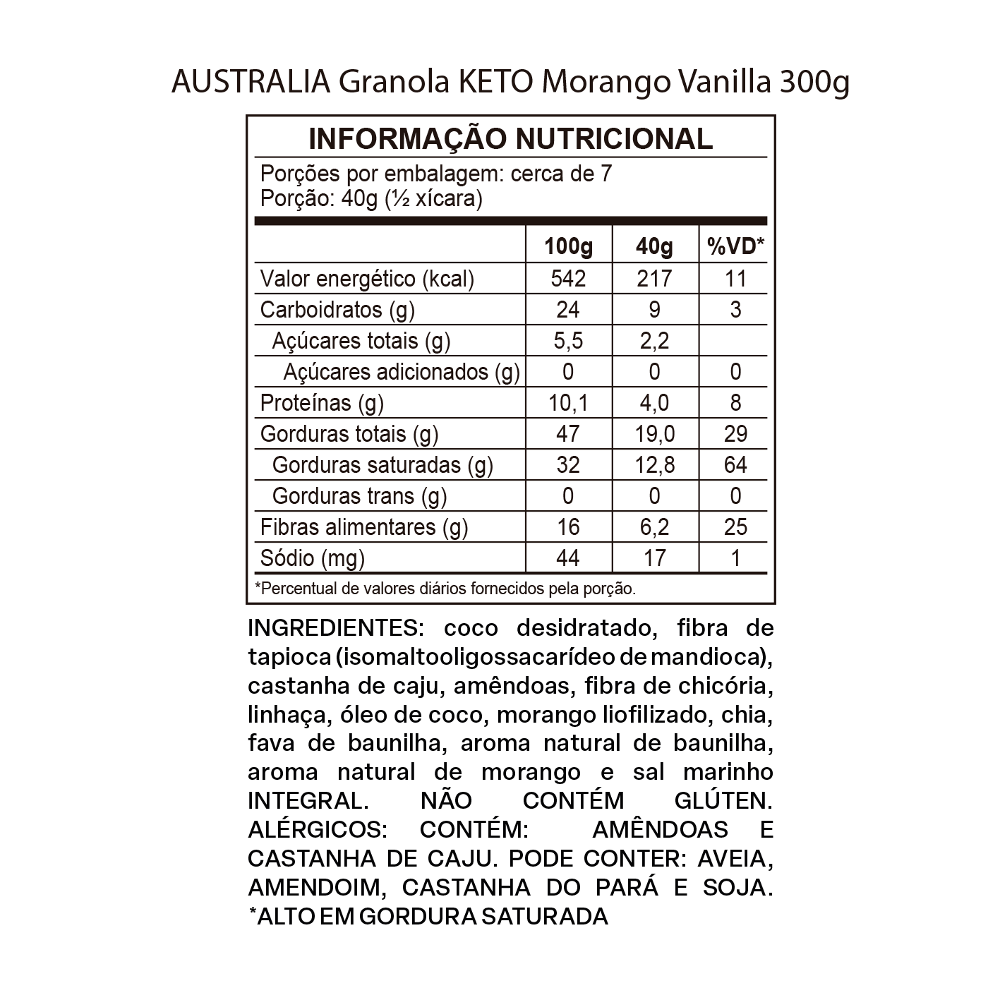 Imagem do rótulo nutricional para conferência — Australia Granola Keto Morango & Baunilha