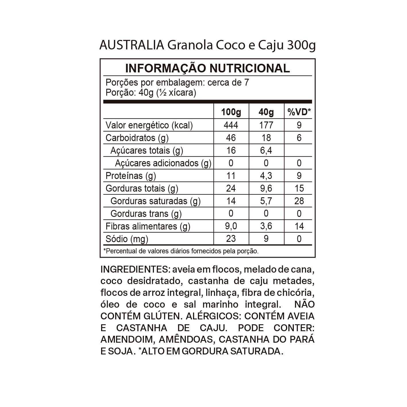 Imagem do rótulo nutricional para conferência — Australia Granola Coco & Caju