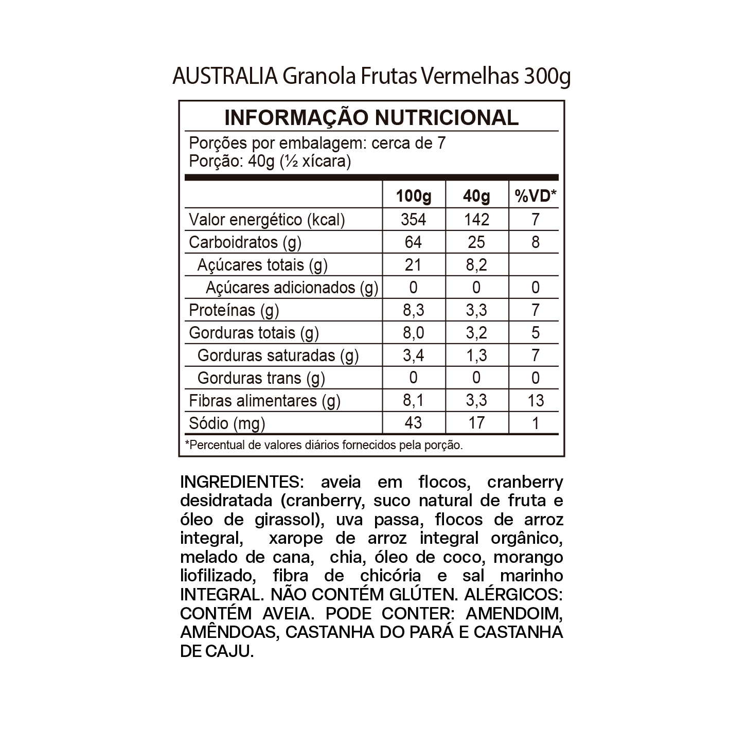 Imagem do rótulo nutricional para conferência — Australia Granola Frutas Vermelhas